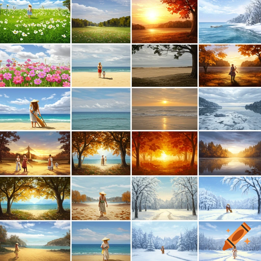 A grid of 25 images depicting various landscapes and scenes across the four seasons.