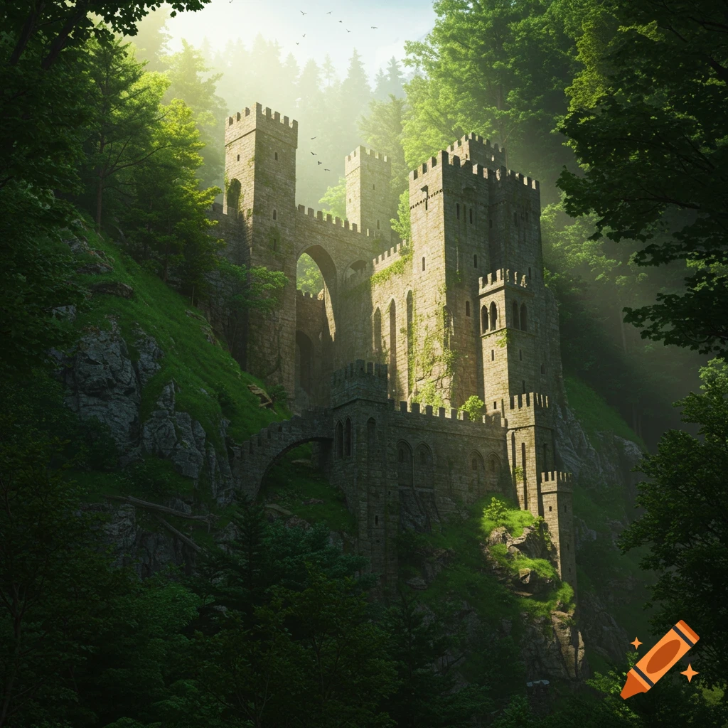 A medieval castle built into a steep, green hillside surrounded by forest.