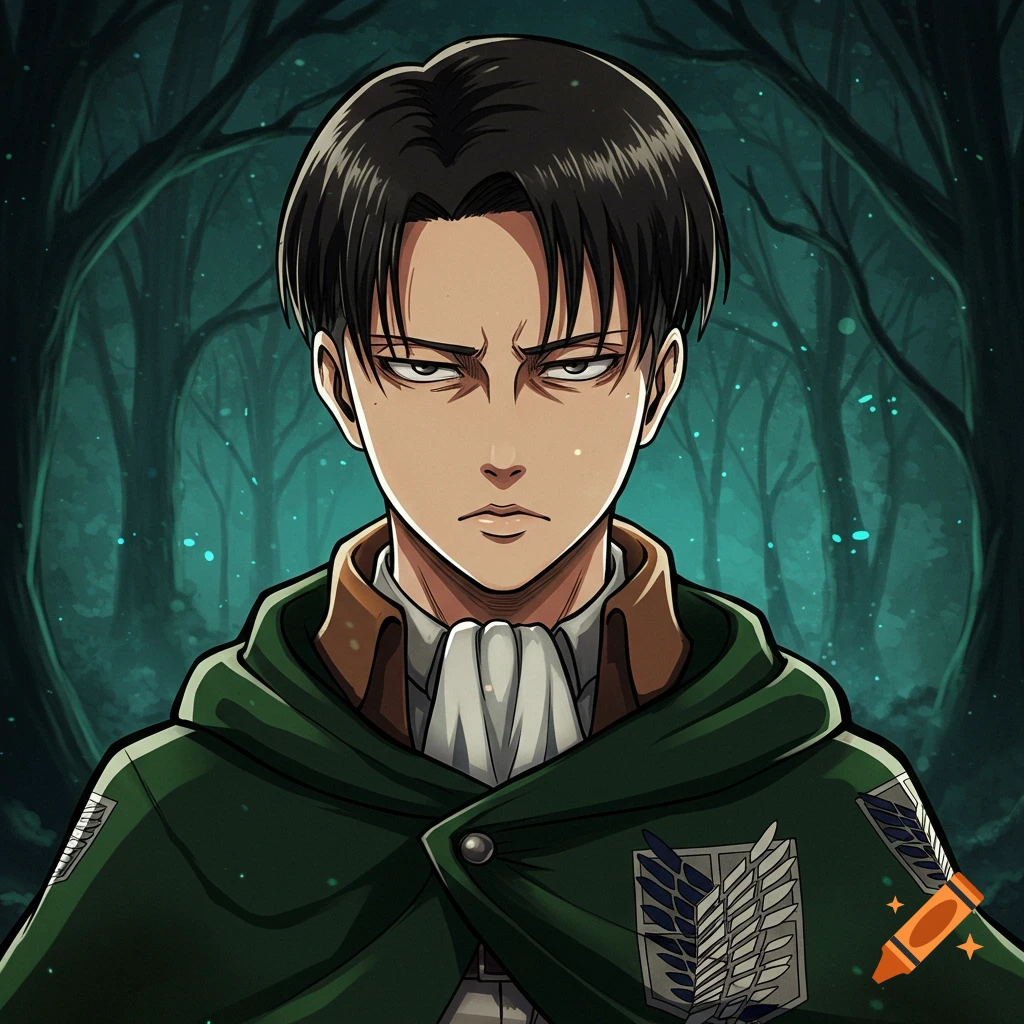 Anime character Levi from Attack on Titan in a forest.