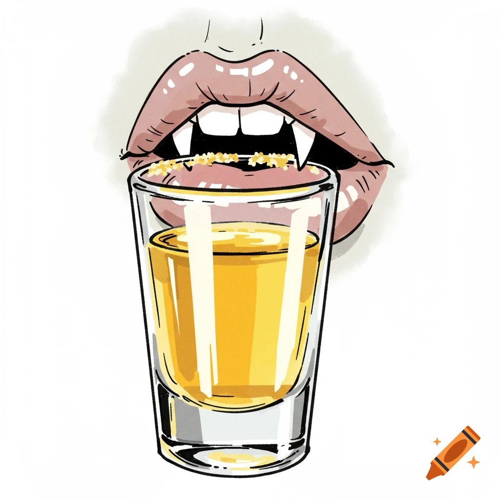 Illustration of vampire fangs over a shot of tequila with salt.