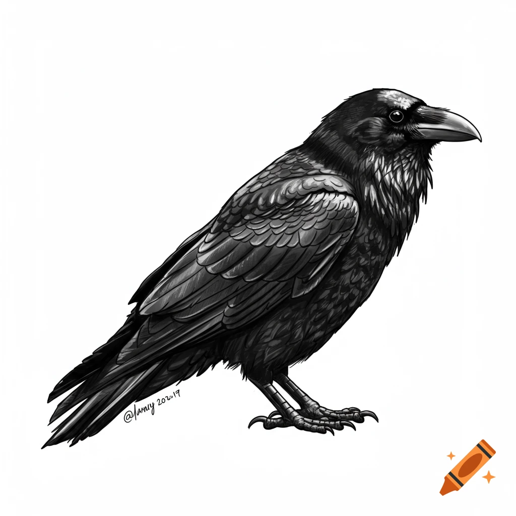 Black and white illustration of a raven standing