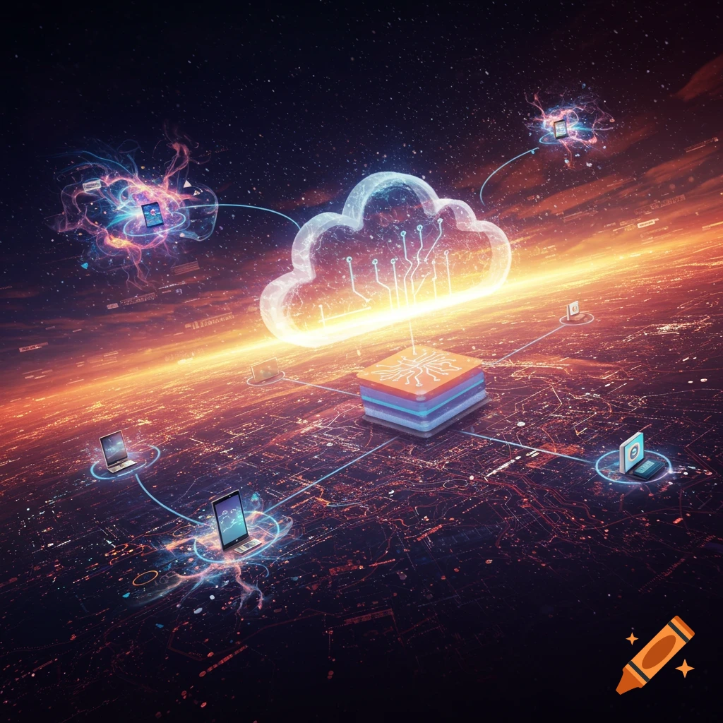 Depiction of cloud computing with servers, connected devices, and data streams in a futuristic space setting.