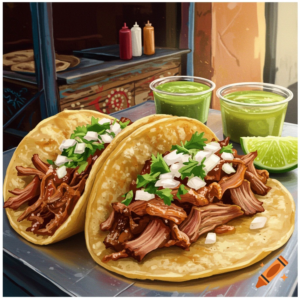 Two carnitas tacos with salsa and lime.