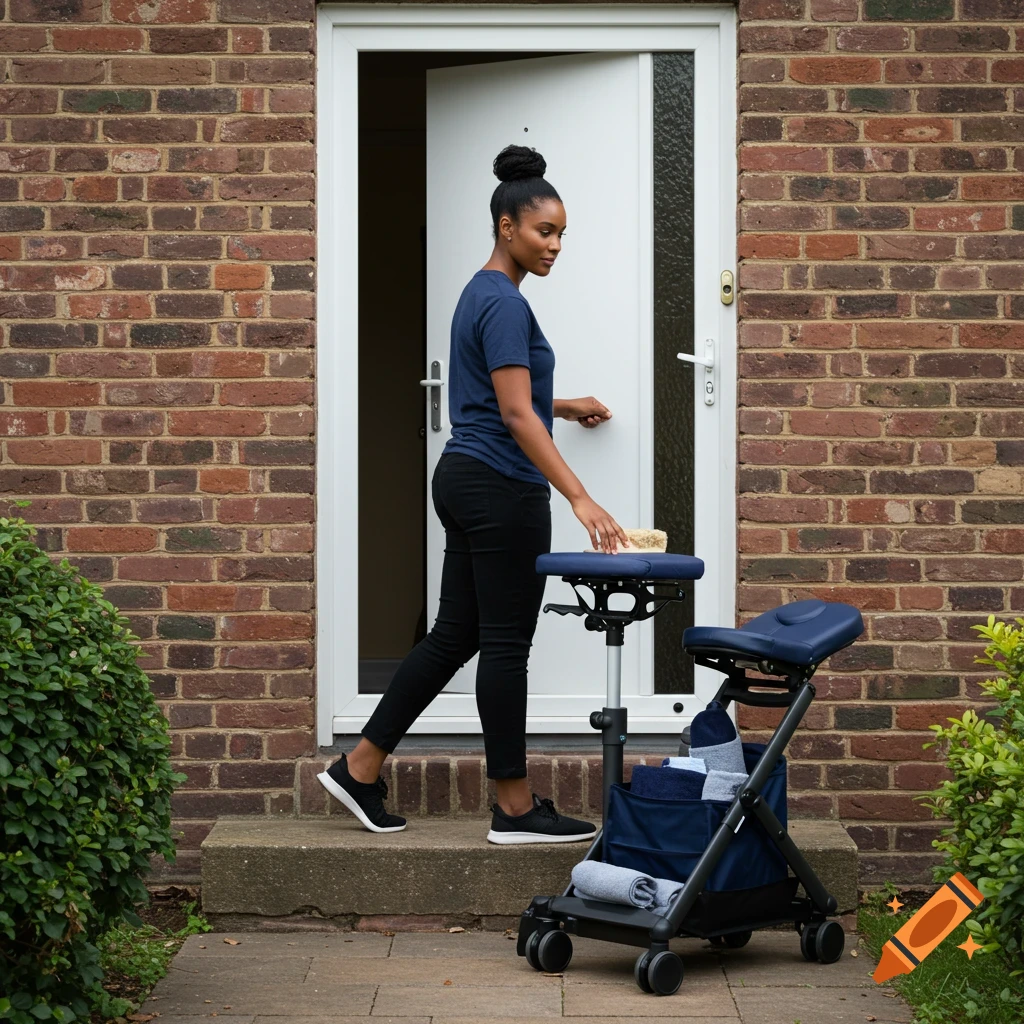 A woman in a blue t-shirt and black pants stands at a front door with mobile massage equipment.
