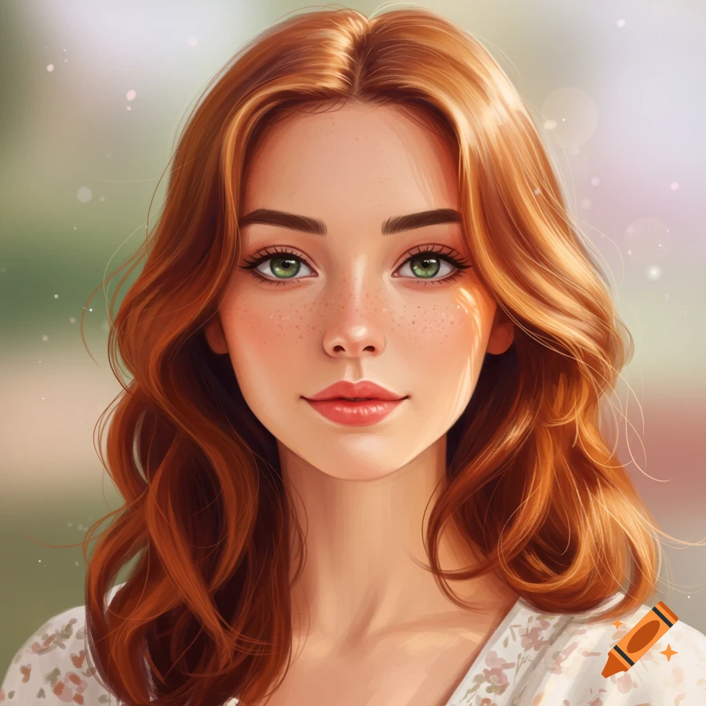 Young woman with red hair, green eyes, and freckles.