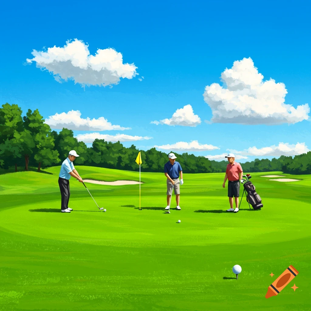 Three men playing golf on a green course under a blue sky