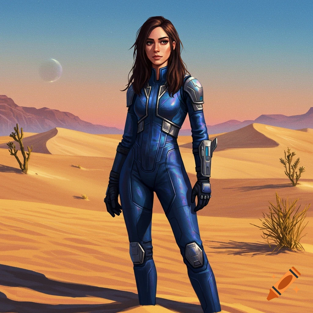 A woman in a blue futuristic suit stands in a desert landscape under a crescent moon.