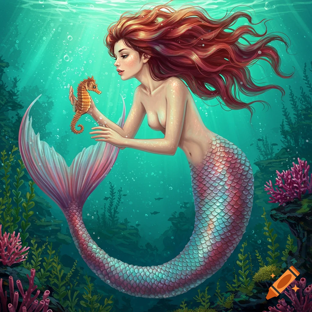 A mermaid holding a seahorse underwater among coral and plants.