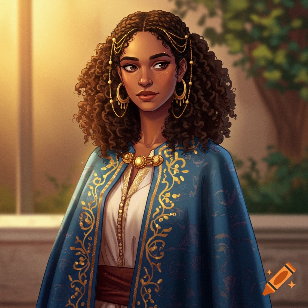 A woman with curly hair and hoop earrings is wearing a blue and gold embroidered cloak.
