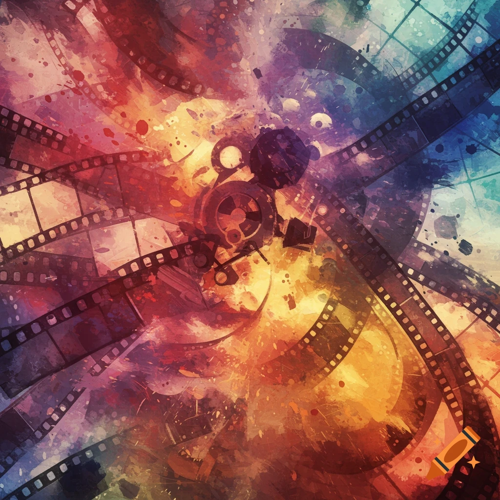 Abstract with watercolor style featuring film reels and projector elements