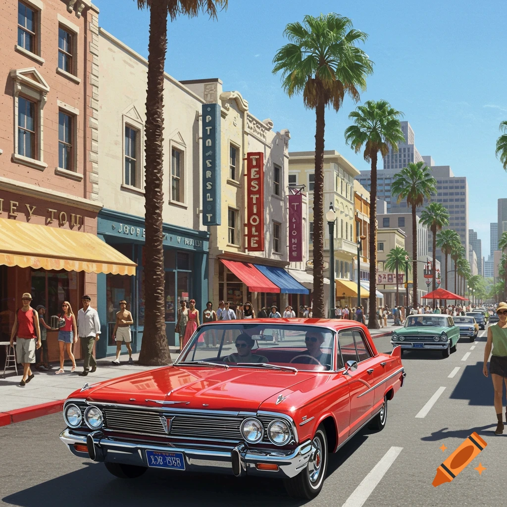 A red classic car drives down a sunny street lined with retro buildings, palm trees, and pedestrians.