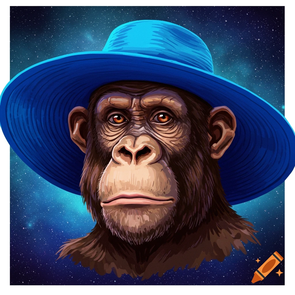 An ape wearing a blue hat against a starry space background.