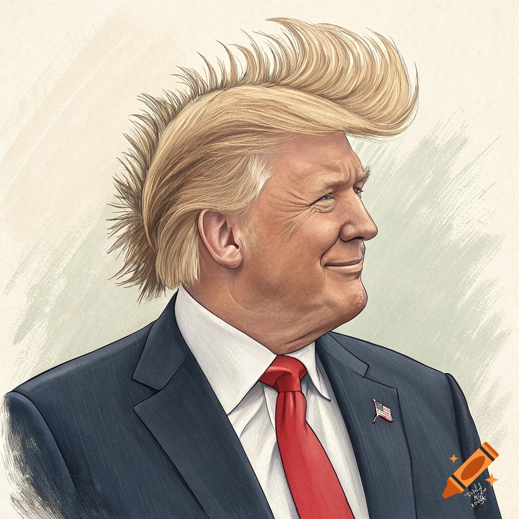 Detailed illustration of Donald Trump with a mohawk haircut, wearing a suit and red tie, smiling in profile.
