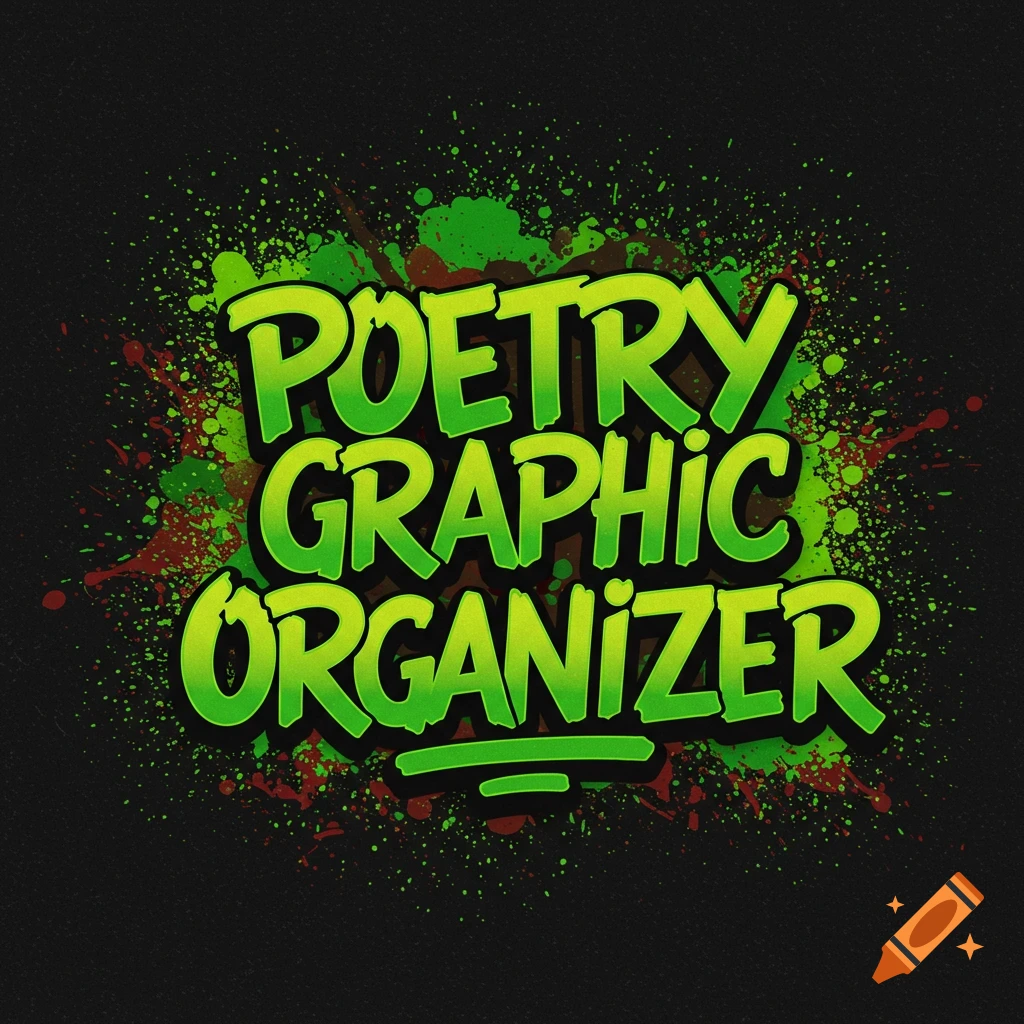 Green graffiti-style text 'POETRY GRAPHIC ORGANIZER' on a black background with splatters.