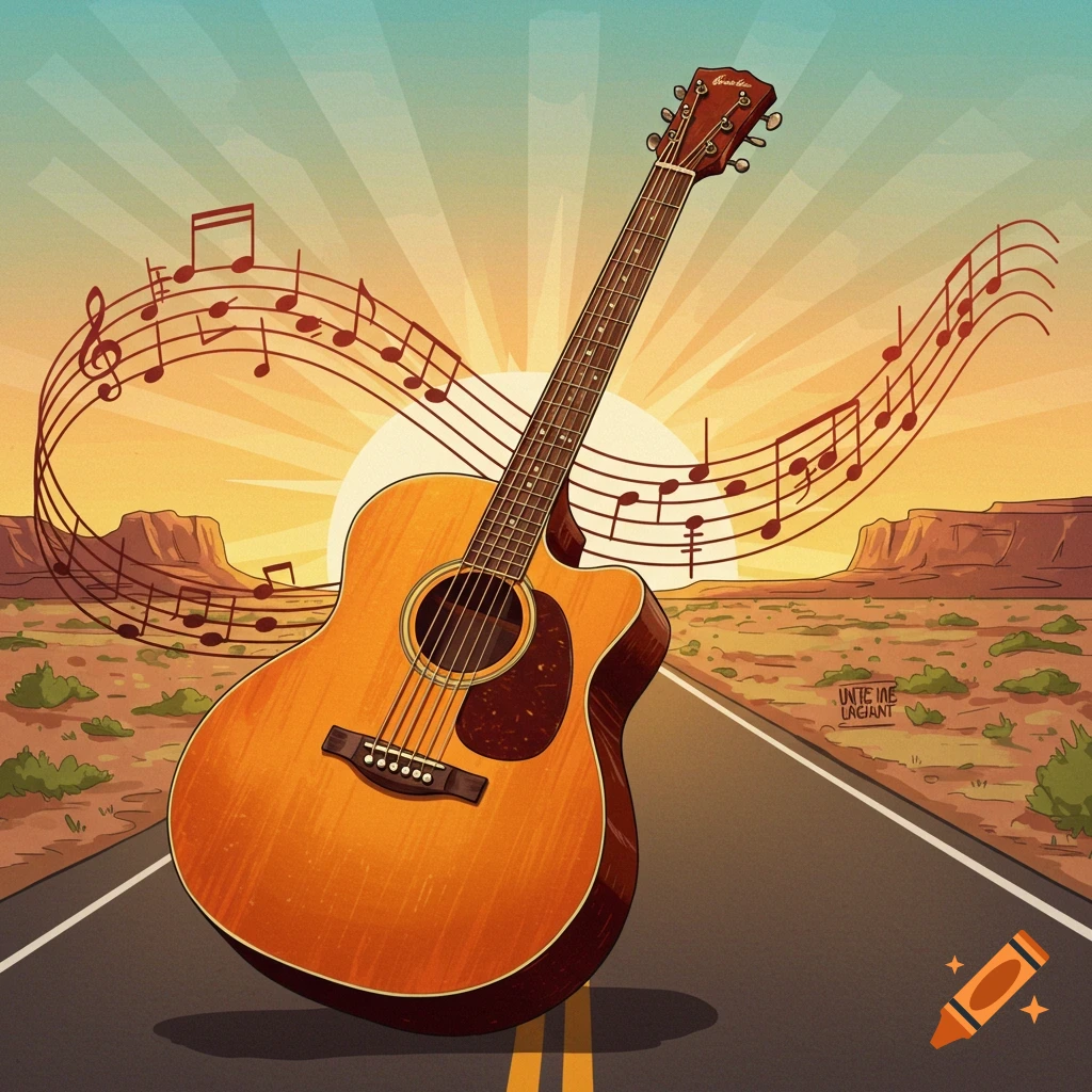 An acoustic guitar sits on a desert road at sunset with swirling music notes.
