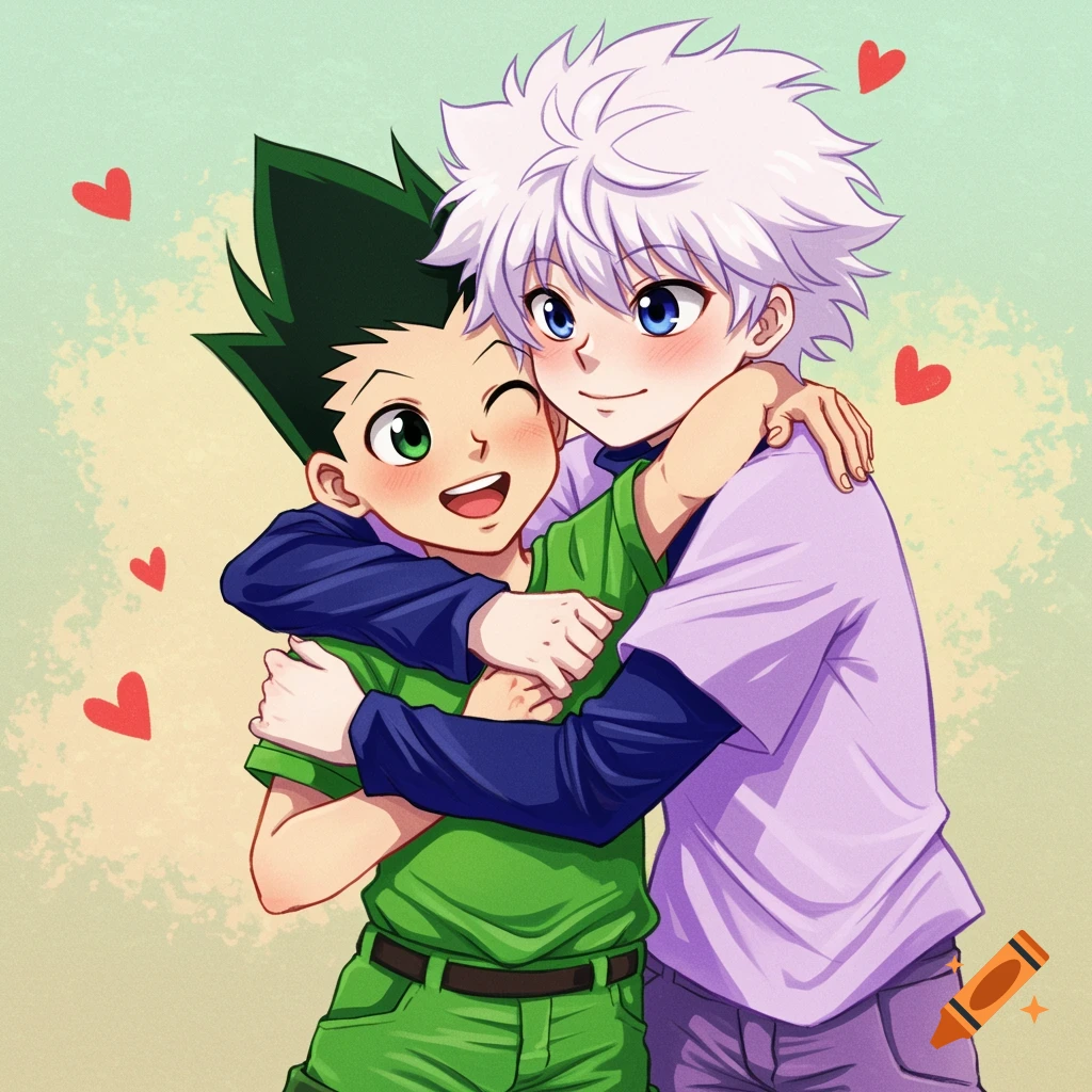 Gon and Killua hugging affectionately in anime style.