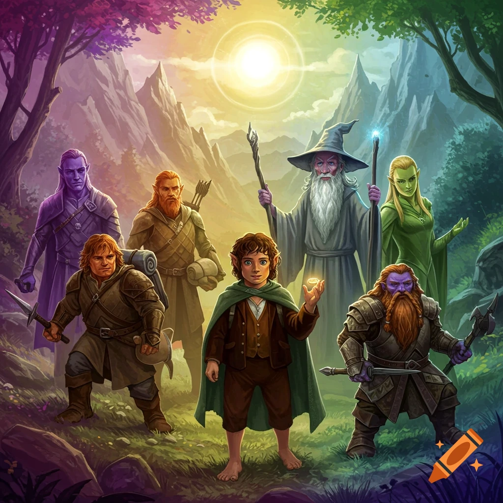 A diverse group of fantasy characters stands in a colorful mountain landscape.