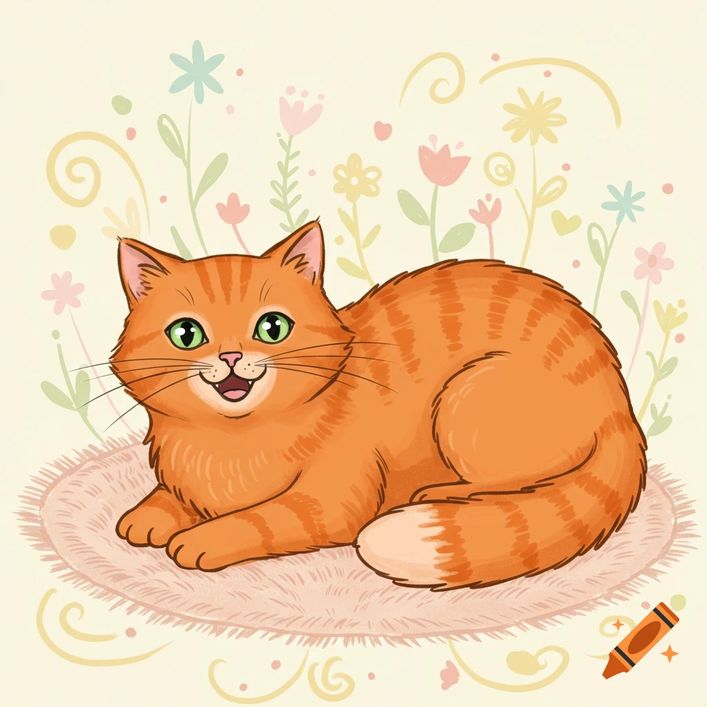 A happy ginger cat lays on a rug surrounded by flowers in a hand-drawn illustration style.