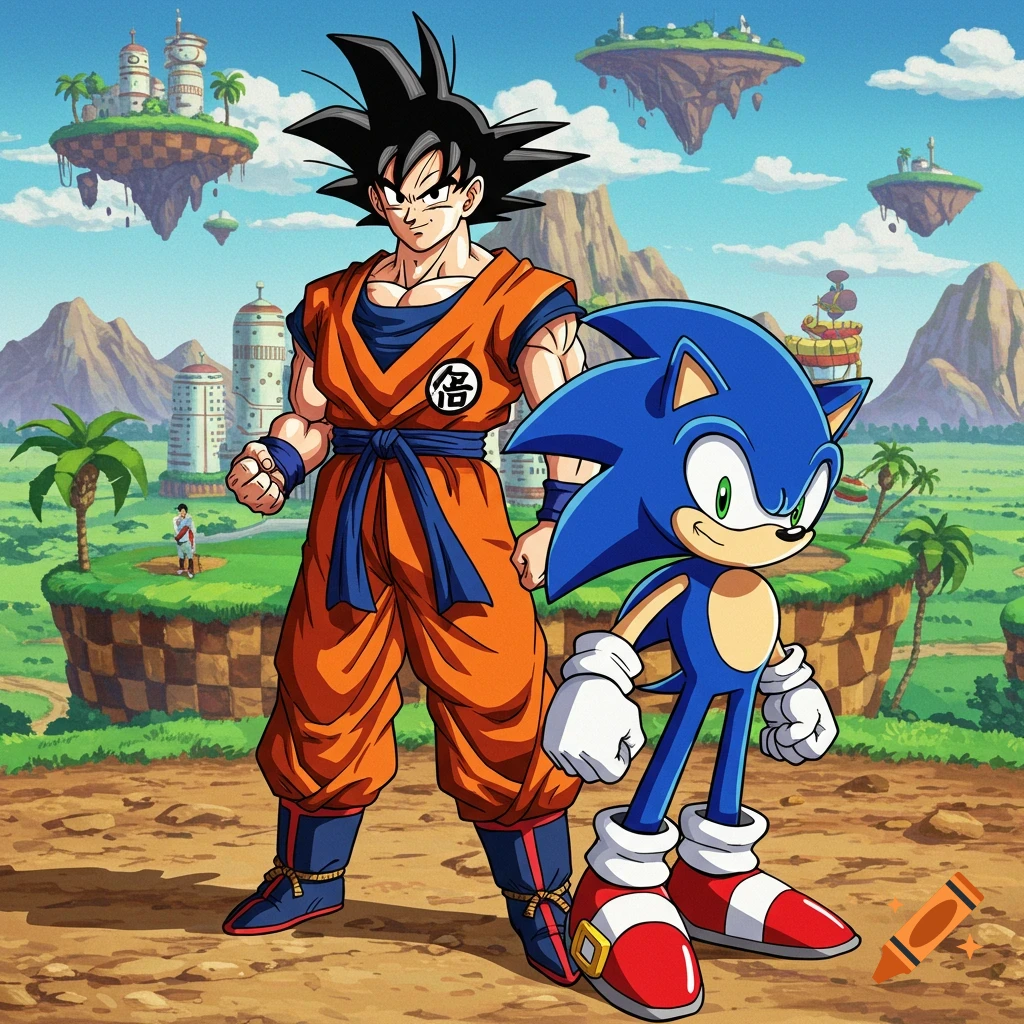 Goku and Vegeta stand in a stylized anime scene in front of the US ...