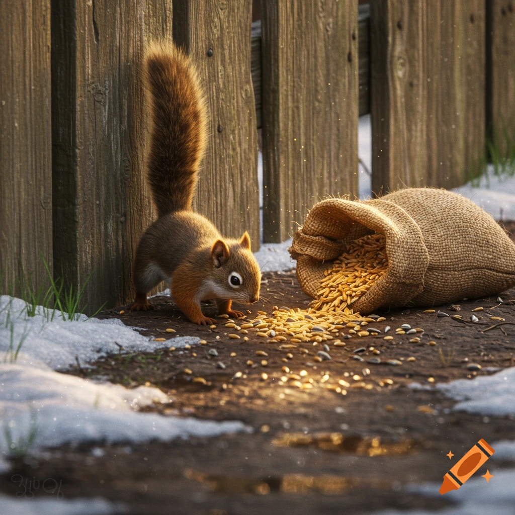 A squirrel eats seeds spilled from a bag next to a wooden fence on snowy ground.