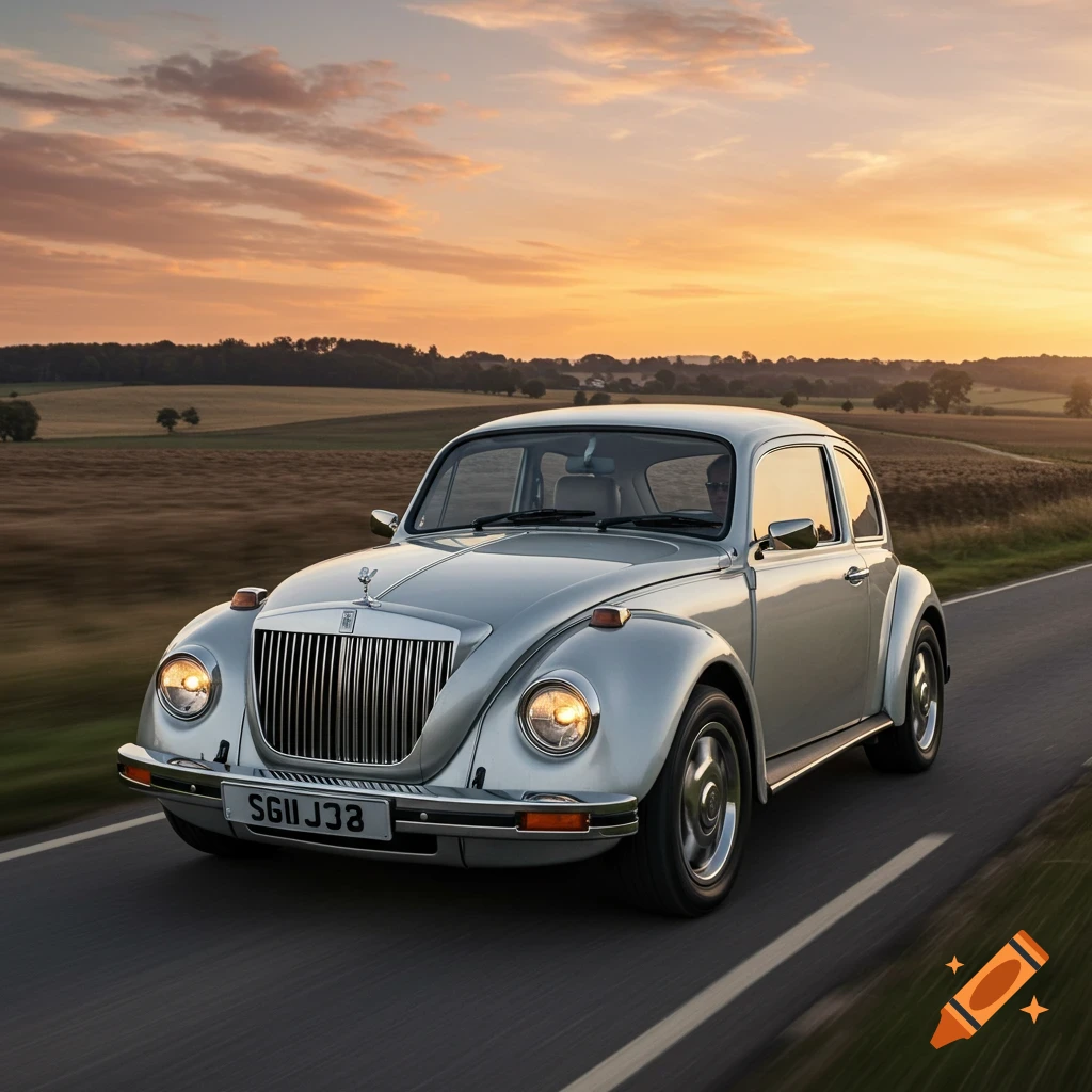 A silver car resembling a Rolls-Royce Beetle driving on a road at sunset.