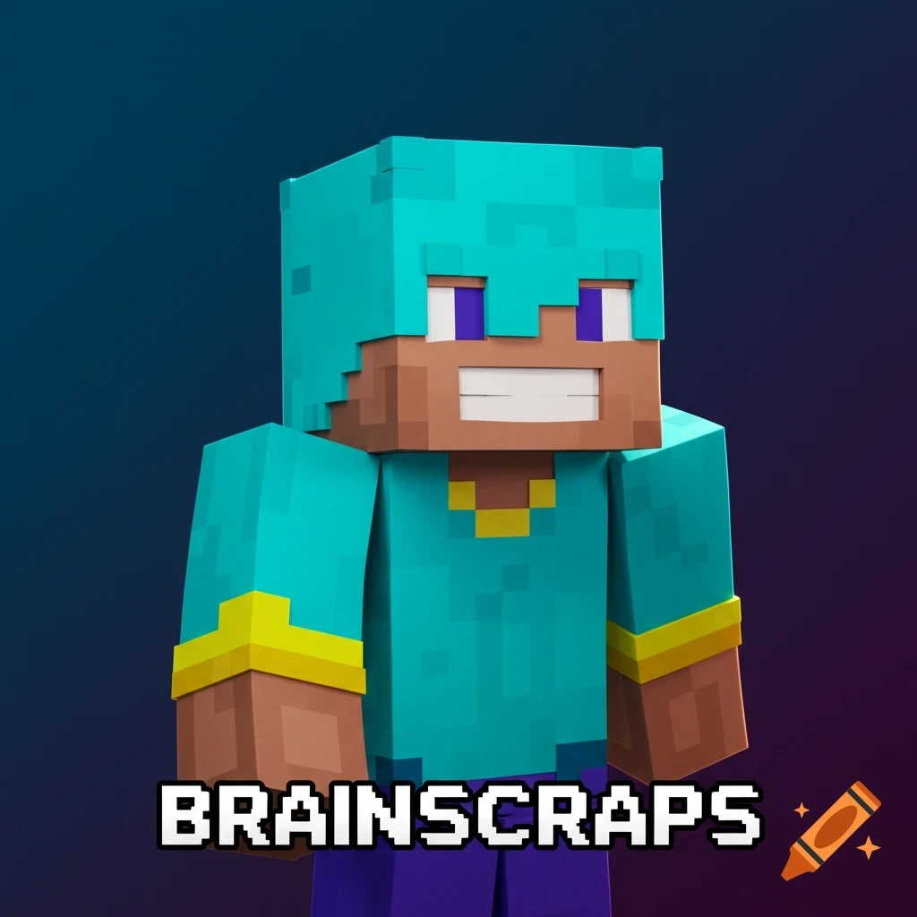 A 3D rendered Minecraft character with turquoise hair and clothes smiles, with the text BRAINSCRAPS below.
