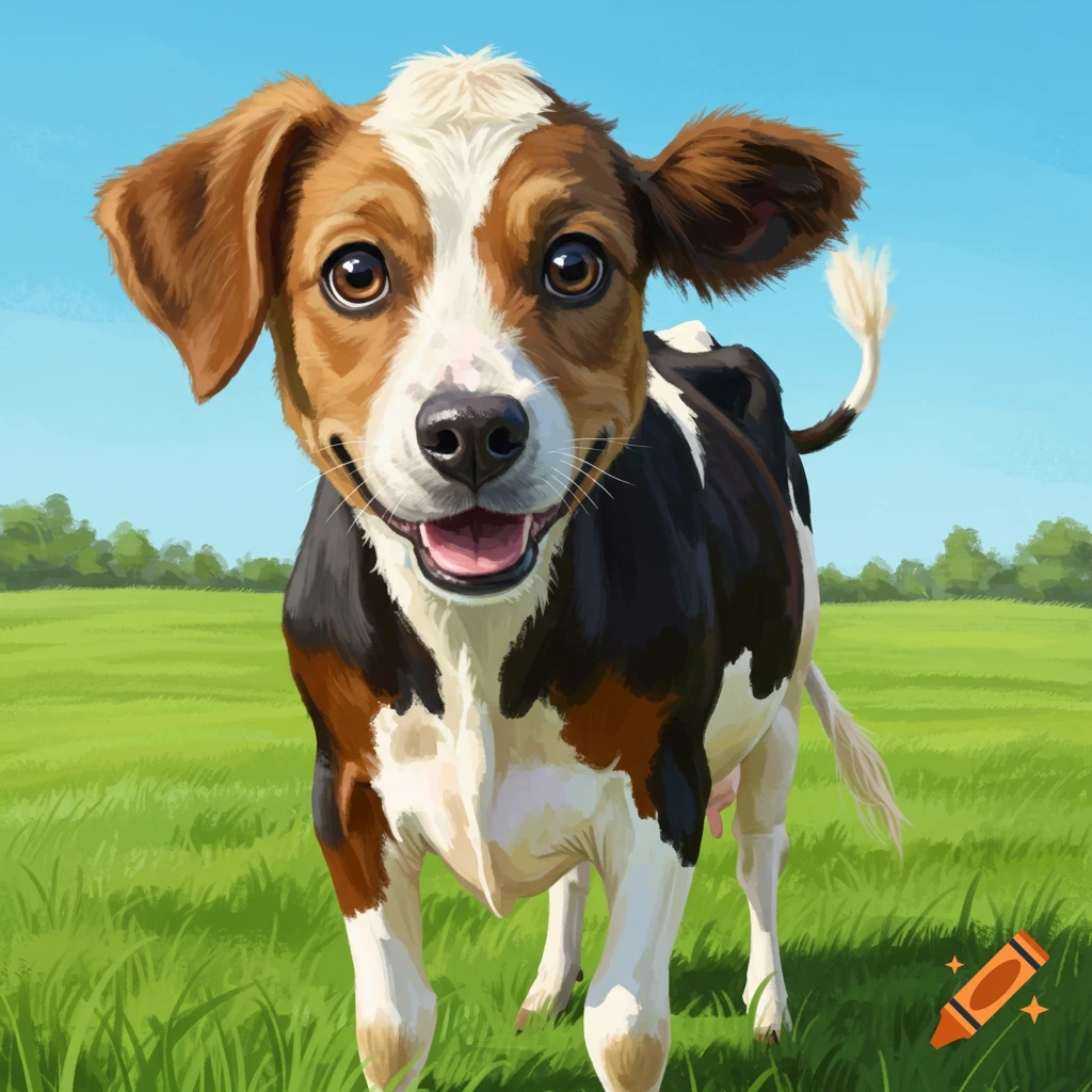 A dog-cow hybrid calf stands in a green field under a blue sky.