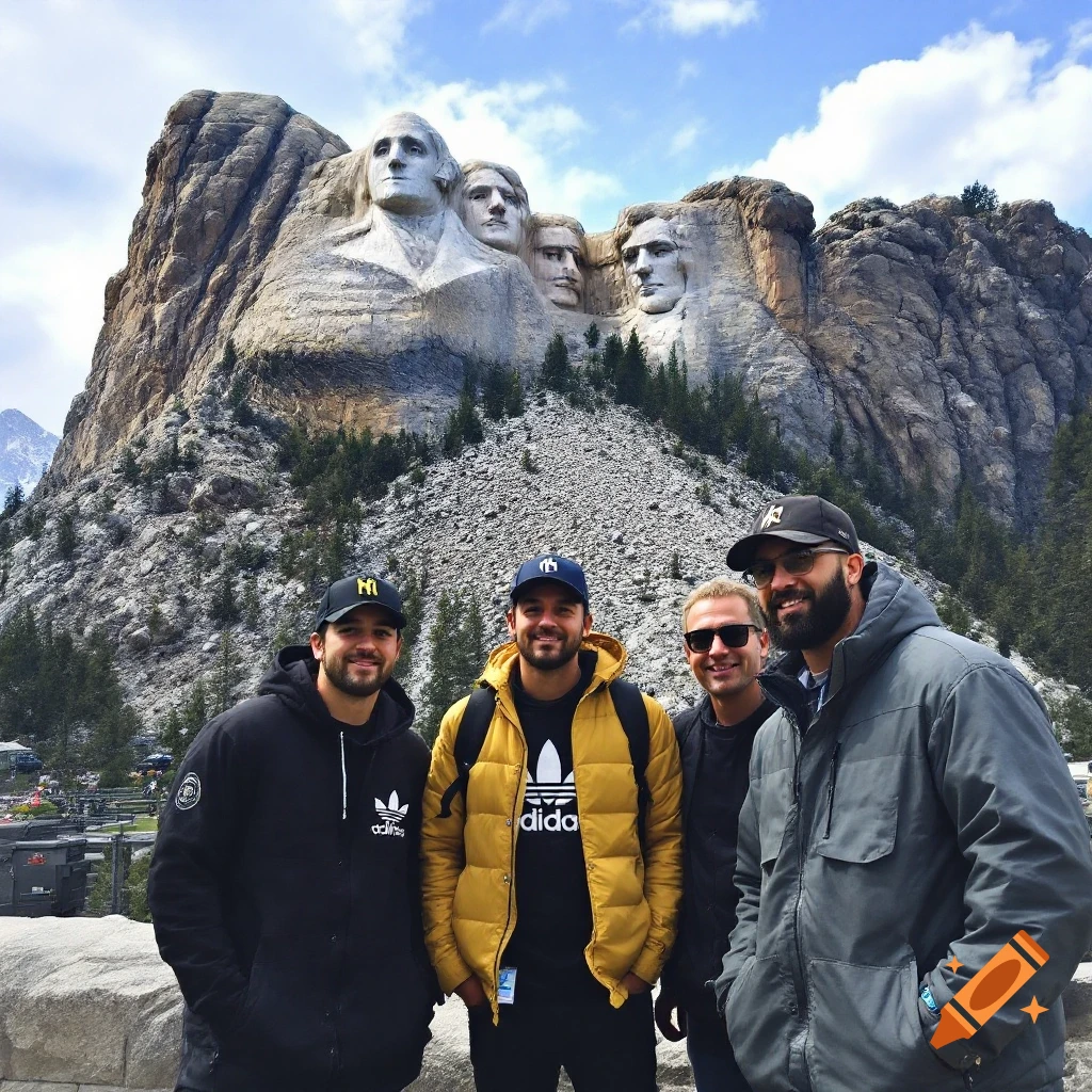 Four men pose for a photo in front of Mount Rushmore.