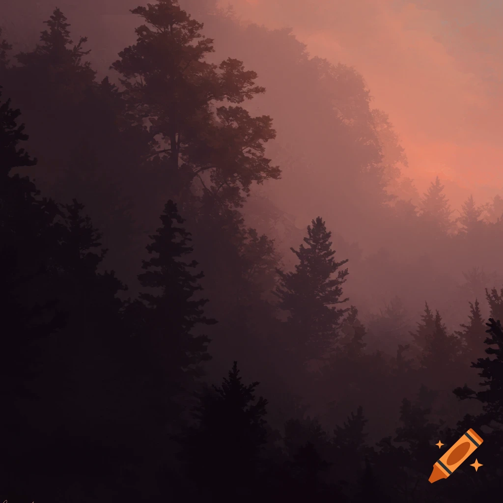 A misty forest at sunset