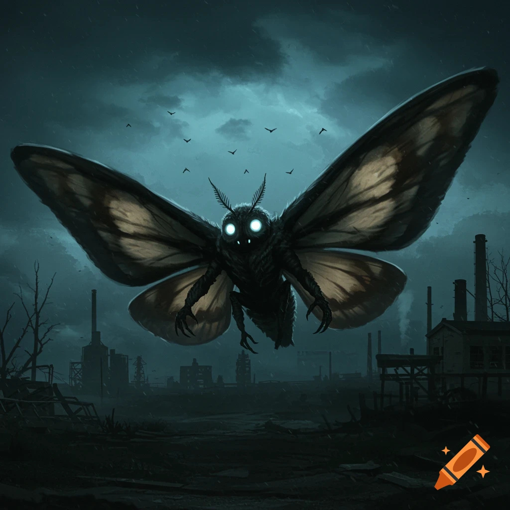 A large Mothman creature flies over a dark, ruined industrial landscape in a stormy night.