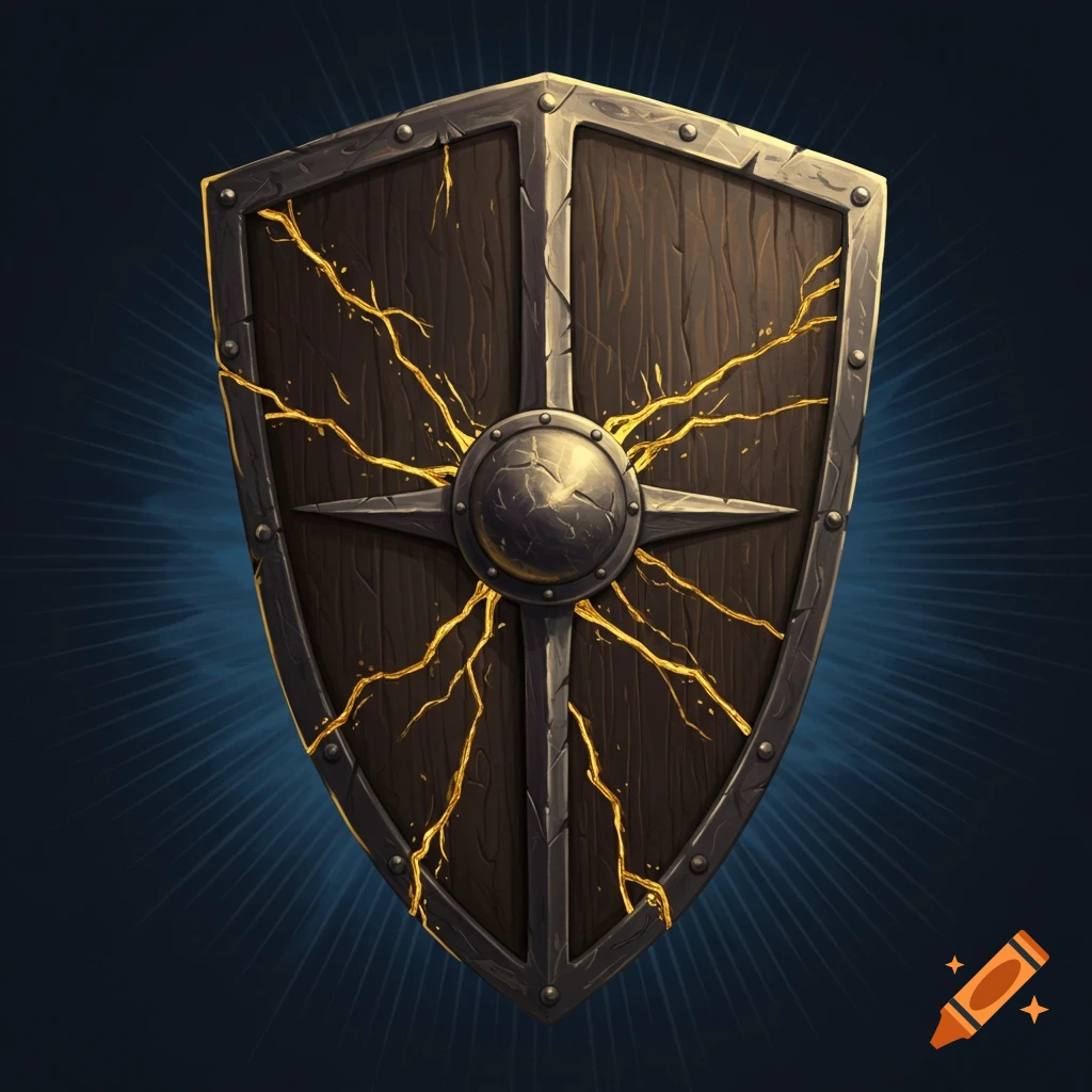 A shield with gold Kintsugi crack patterns.
