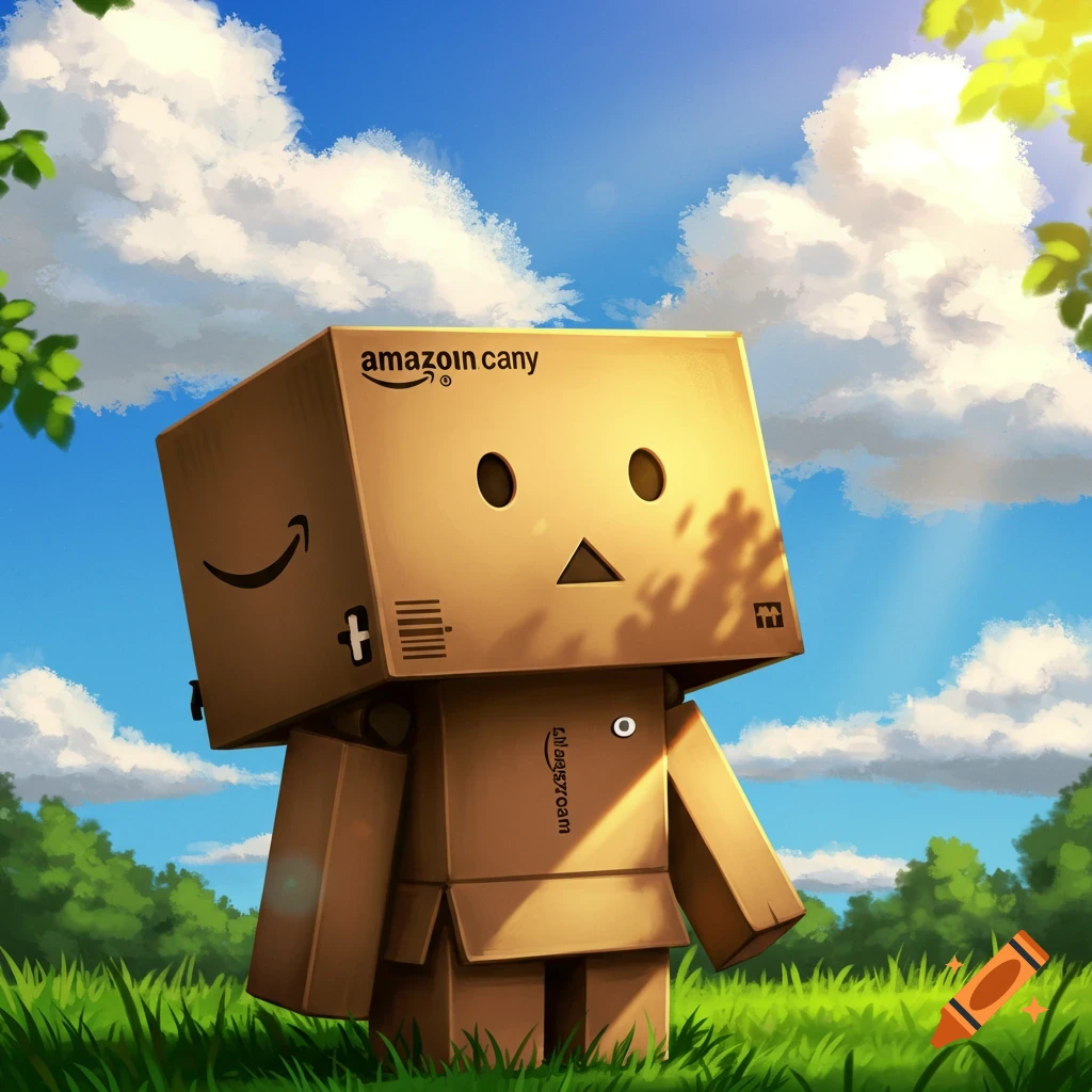 A box character with a smile logo stands in a grassy field under a sunny sky.