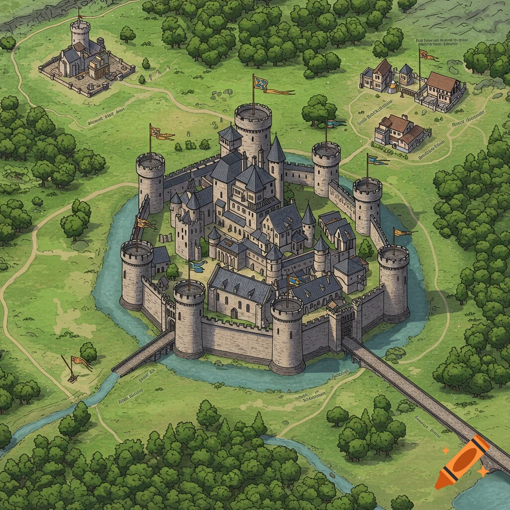 Isometric fantasy map illustration of a medieval castle with moat, surrounding buildings, forests, and landscape.