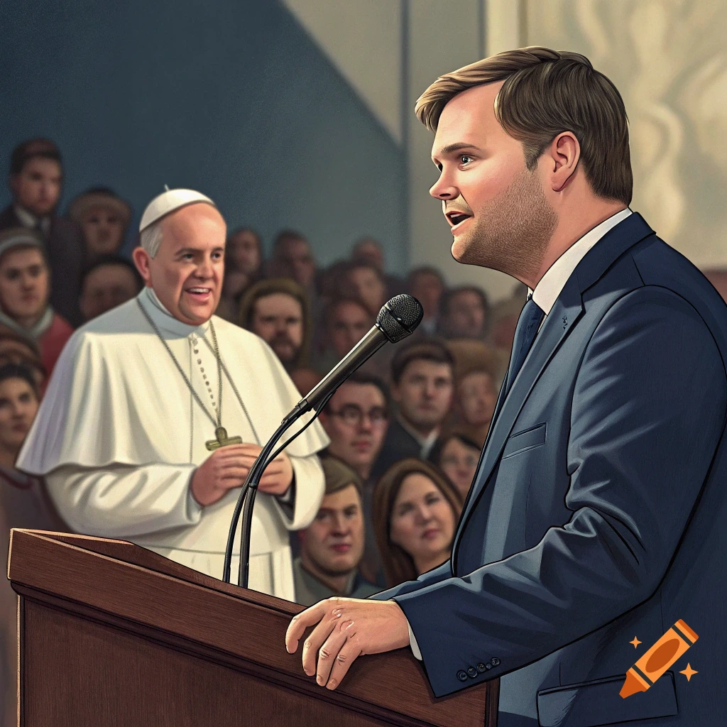Illustration of J.D. Vance speaking at a podium with Pope Francis behind him.