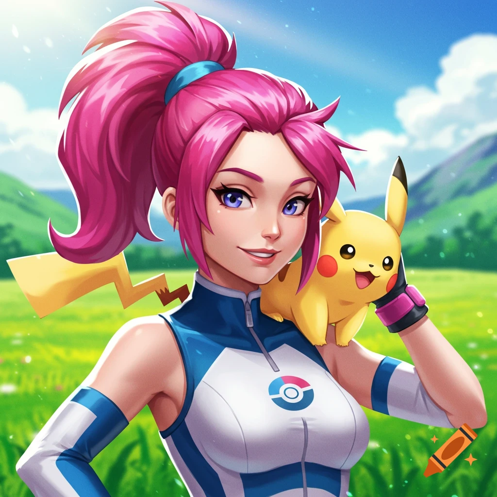 Pokemon trainer with pink hair standing in a field with Pikachu on her shoulder.
