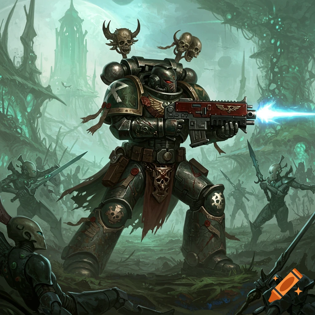 A Space Marine battles Eldar in a swampy alien landscape.