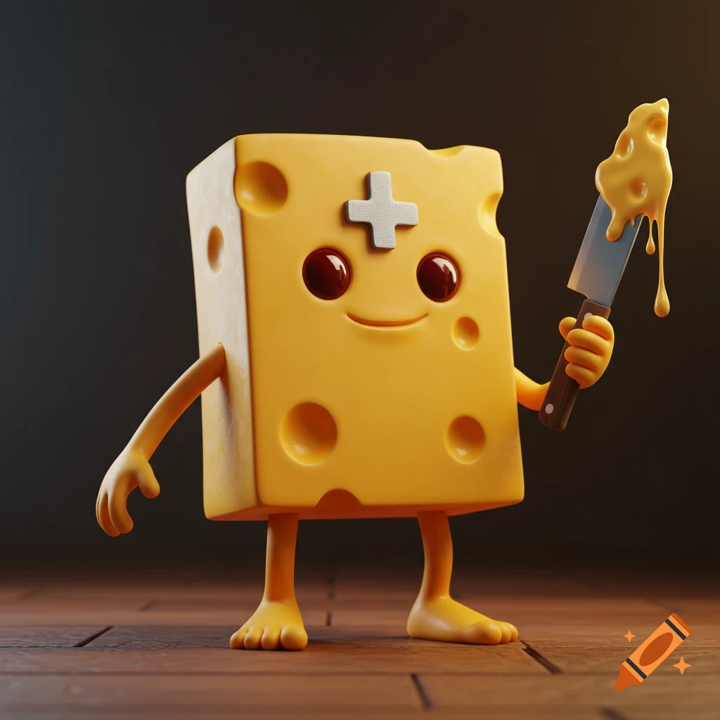 3D animation of a cartoon cheese block character holding a knife dripping cheese.