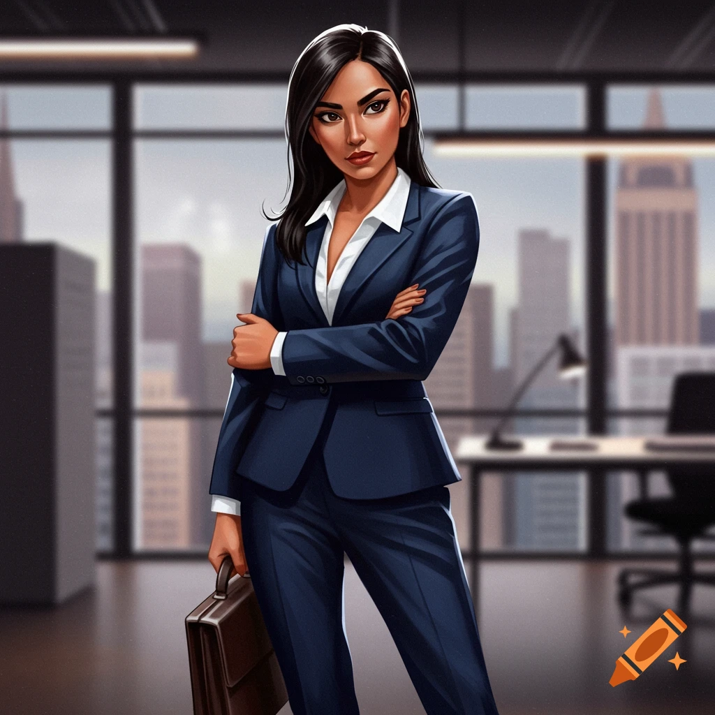 A woman in a suit stands in an office with a briefcase.