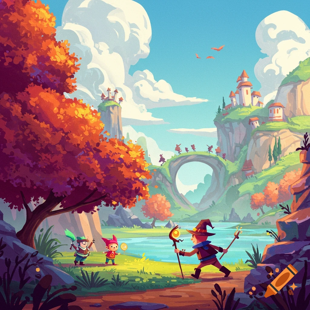 Stylized colorful fantasy landscape with small characters adventuring.