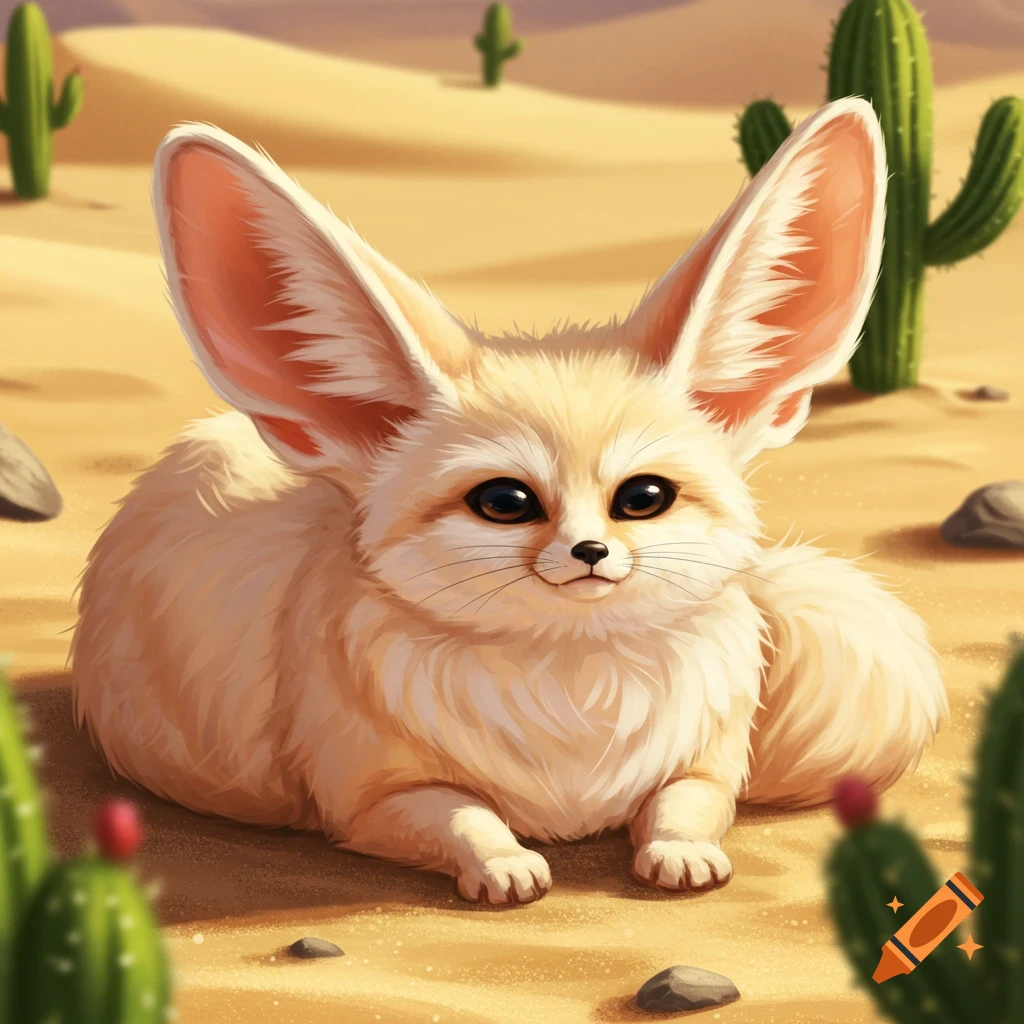 A fluffy fennec fox in a desert with cacti