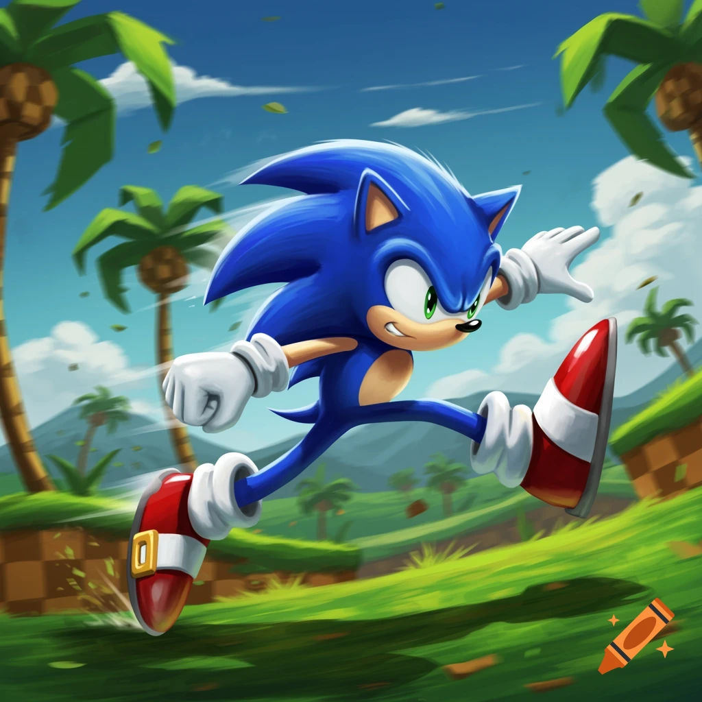 Dynamic image of Sonic the Hedgehog speeding through a lush green landscape with palm trees.
