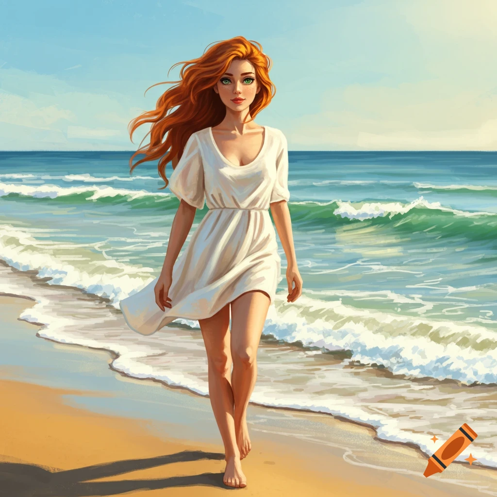 red-haired woman walking on a beach