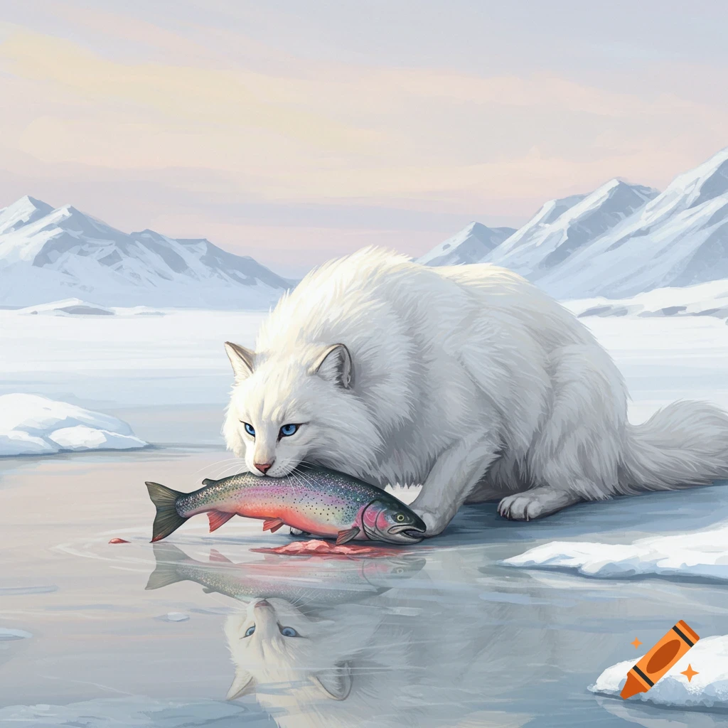 A large white furry creature with blue eyes sits on ice, eating a trout. Snow-capped mountains are in the background.