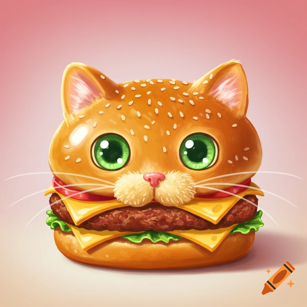 Cute cat-shaped burger with big green eyes.
