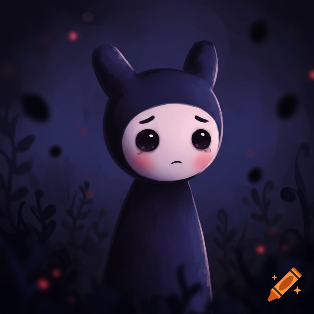 A sad creature in a dark bunny suit in a dark forest.