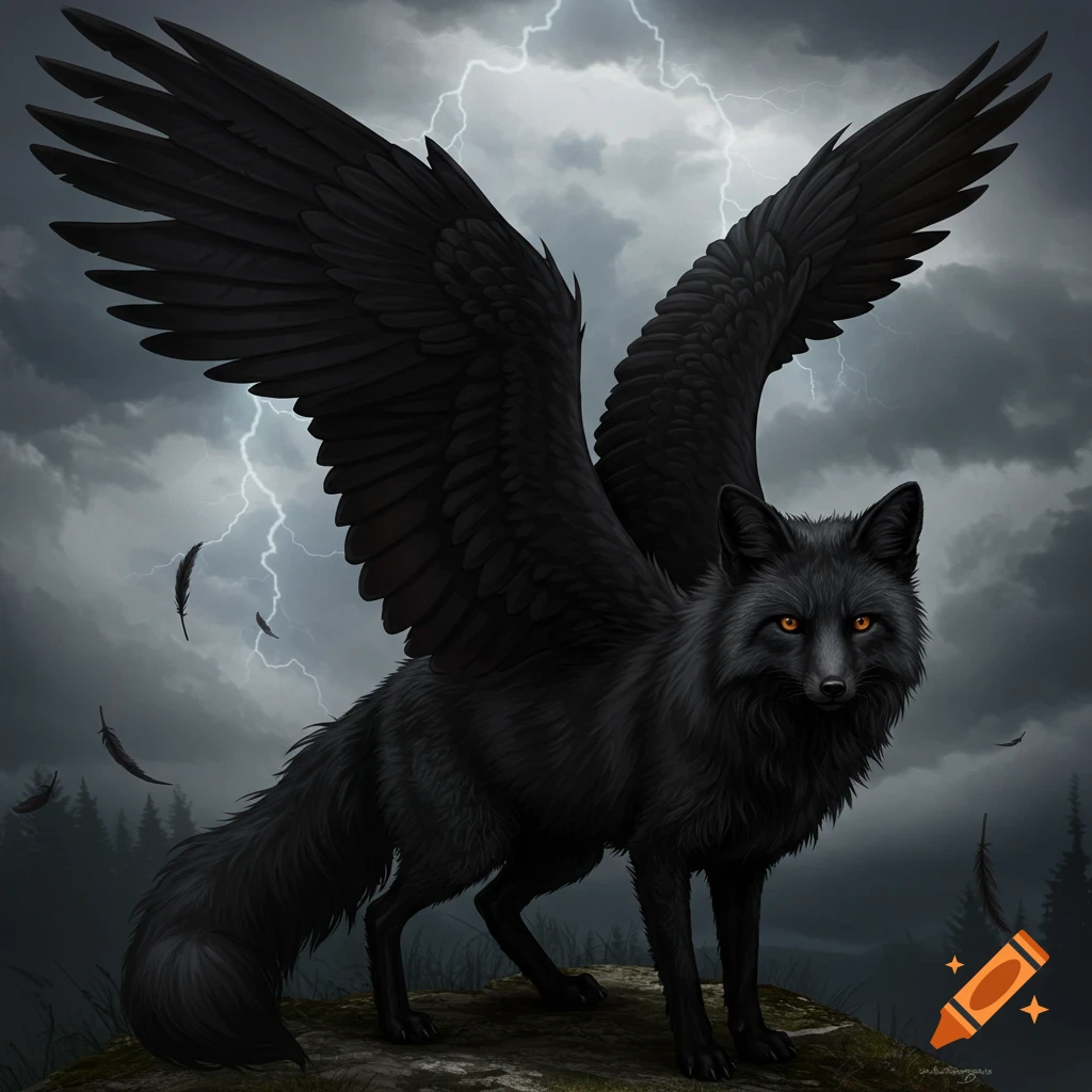 A black fox with large black wings stands on a rock under a stormy sky with lightning.