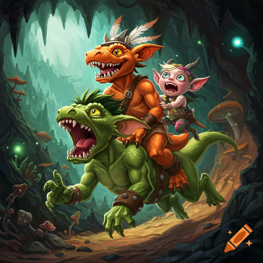 Three goblin-like creatures riding another creature through a dark cave with glowing mushrooms.