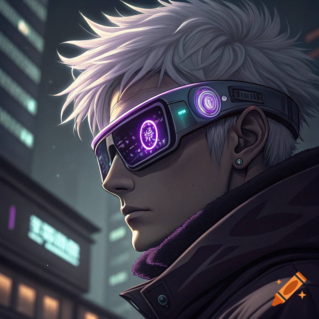 Anime style close-up of a person with white hair and glowing cyberpunk glasses in a city