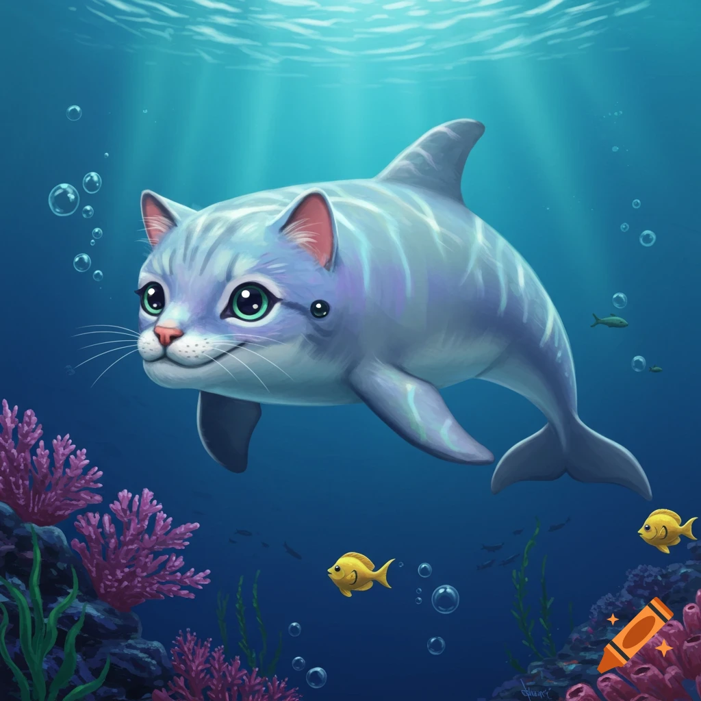A cat-dolphin hybrid swims underwater among fish and coral.