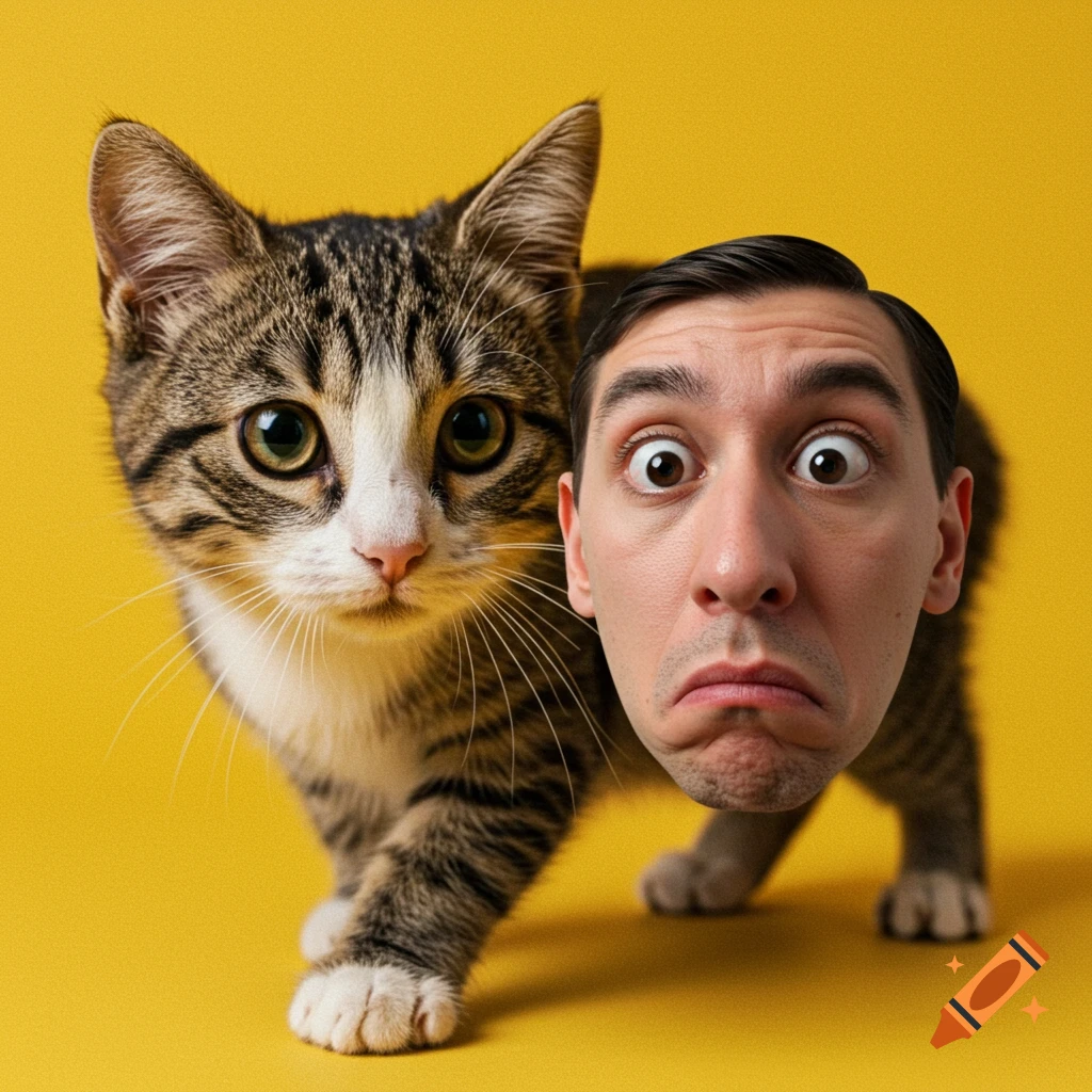 A cat with a human face walks forward on a yellow background. The face has a worried expression.